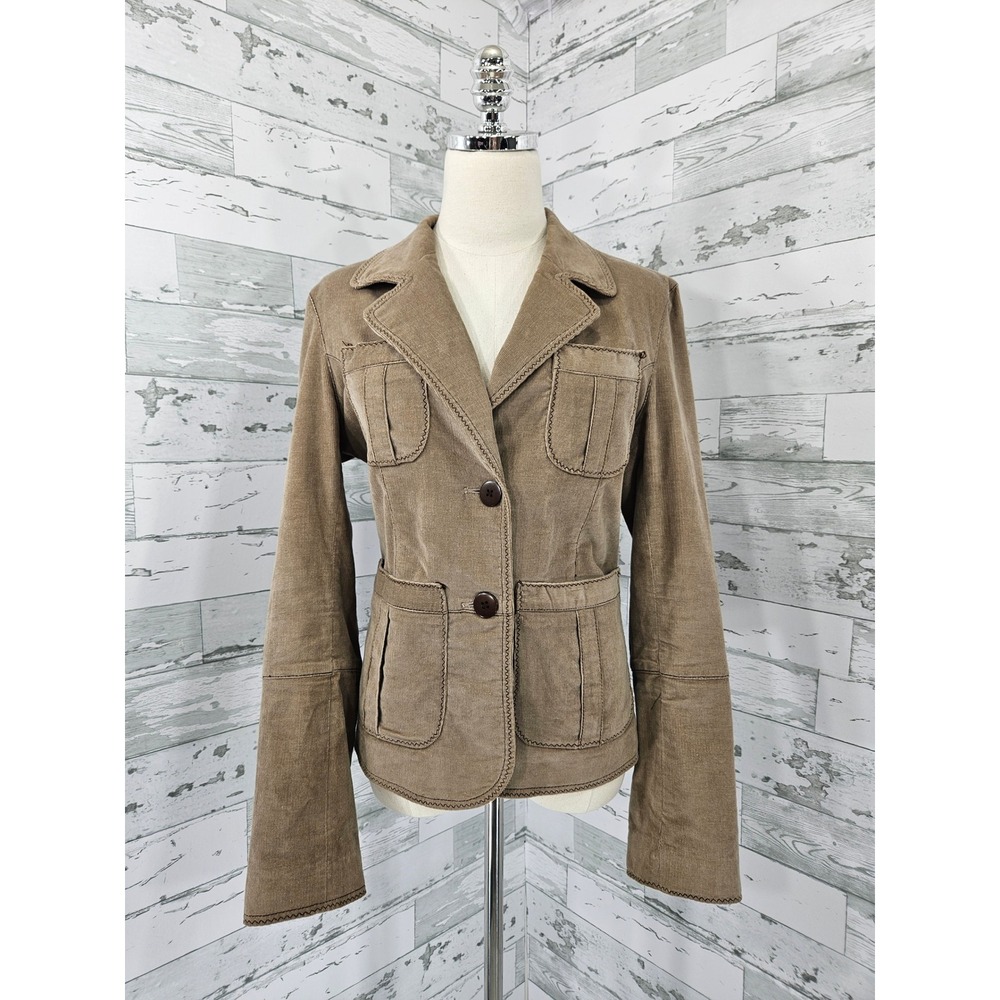 Patrizia Luca Tan Corduroy Utility Jacket Brown Cargo Stitch Detail Womens M/8
